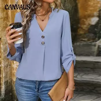Летняя однотонная рубашка, женская элегантная пригородная рубашка с v-образным вырезом и пуговицами S синий