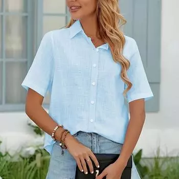 Летняя однотонная рубашка женская блузка с коротким рукавом из хлопка и льна повседневная свободная дышащая мягкая рубашка женская верхняя одежда S белый