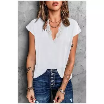 Летняя однотонная шифоновая свободная футболка с v-образным вырезом и короткими рукавами S чёрный