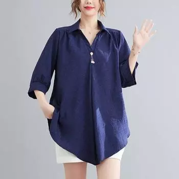 Летняя однотонная свободная блузка с коротким рукавом, женская повседневная льняная рубашка для похудения с воротником-лацканами M розовый