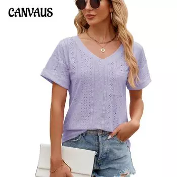 Летняя однотонная свободная футболка с короткими рукавами и карманами с v-образным вырезом для женщин S
