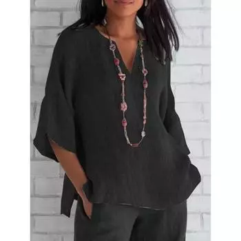 Летняя однотонная свободная повседневная футболка с v-образным вырезом, хлопково-льняная рубашка S белый