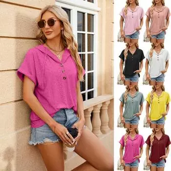 Летняя однотонная свободная повседневная рубашка женская с капюшоном винтажная футболка с коротким рукавом женская блузка топы пуговицы с V-образным вырезом большие размеры блузки женские 24298 S чёрный