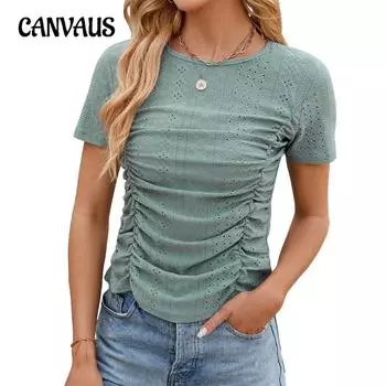 Летняя однотонная тонкая плиссированная футболка с коротким рукавом и круглым вырезом для женщин S белый