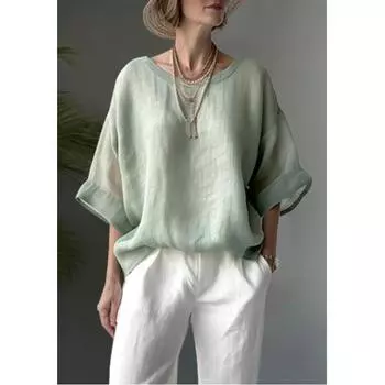 Летняя однотонная удобная повседневная рубашка из хлопка и льна с круглым вырезом и открытыми плечами, свободная, для похудения, женская рубашка больших размеров M белый