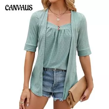 Летняя однотонная женская футболка с квадратным вырезом и пуговицами со средним рукавом S белый