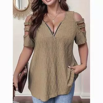 Летняя однотонная женская футболка с открытыми плечами на молнии с v-образным вырезом, топы с коротким рукавом, повседневная футболка больших размеров, женская мода, элегантные вязаные футболки 24125 S чёрный