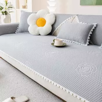 Летняя охлаждающая подушка для дивана, кружевной нескользящий чехол для дивана в гостиную, дышащий, ледяной шелк, белая кайма, жаккардовый однотонный коврик для дивана 70x70cm 1pcs