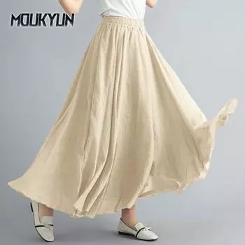 Летняя осенняя женская юбка литературного большого размера из хлопка и льна, полуюбка с эластичной талией, льняная юбка А-силуэта, удлиненная юбка чистого цвета, свободные юбки S