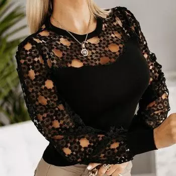 Летняя открытая блузка с длинным рукавом, женская сексуальная кружевная рубашка с круглым вырезом, женская мода, тонкие черные топы Y2k, свободная одежда Blusas 25595 L чёрный