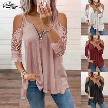 Летняя открытая рубашка, женская сексуальная кружевная повседневная футболка на молнии с короткими рукавами, элегантный свободный пуловер с v-образным вырезом 20202 S чёрный