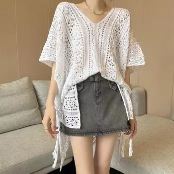 Летняя открытая вязаная блузка, женская свободная кружевная длинная рубашка, женская мода, топ с рукавами-бабочками, повседневные рубашки 26741 One Size зелёный