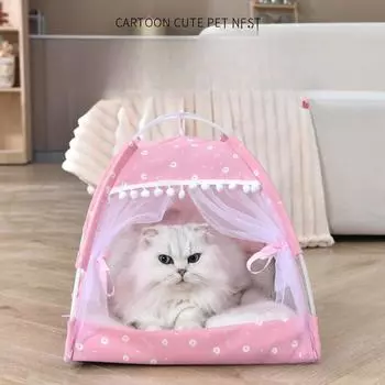 Летняя палатка для домашних животных, закрытое гнездо для кошек, розовое гнездо для сна для собак в стиле принцессы, складная и моющаяся кровать для кошек на все времена года S