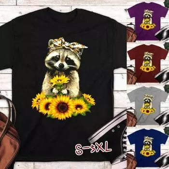 Летняя печатная надпись «Подсолнух», «Милый енот», свободная рубашка с круглым вырезом из чистого хлопка с короткими рукавами, футболки мужские S