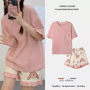 Летняя пижама, домашняя одежда, костюм, женский, тонкий, хлопковый, шорты с короткими рукавами, повседневная, корейская, милая, студенческая пижама, домашняя одежда M