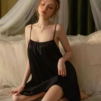 Летняя пижама Ice Silk, очень большое свободное тонкое мини-платье, пижама на подтяжках, сексуальная домашняя одежда M чёрный