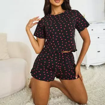 Летняя пижама из 100% хлопка с принтом в виде сердца для женщин, домашняя одежда, сексуальные свободные укороченные топы с короткими рукавами и шорты, комплект из 2 предметов, черная короткая пижама, одежда для сна S чёрный