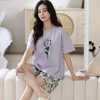 Летняя пижама из чистого хлопка для женщин с принтом фиолетового тюльпана, футболка с коротким рукавом и шорты, женская повседневная пижама, домашняя одежда M