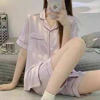 Летняя пижама из ледяного шелка, домашний костюм, женский летний тонкий срез с короткими рукавами, новый женский прохладный домашний костюм M белый