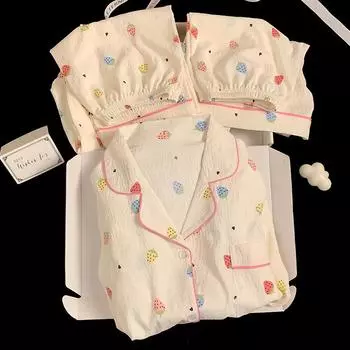 Летняя пижама из трех предметов, домашняя одежда, хлопковая пижама Clouds для девочек, повседневная пижама с короткими рукавами и клубничным принтом для дома M