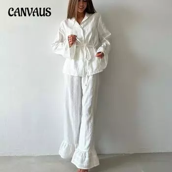 Летняя пижама, костюм из хлопка, жаккардовый кардиган с оборками, длинный рукав, длинные брюки, мягкий костюм, женская домашняя одежда S белый