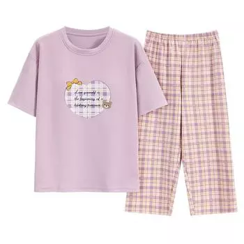 Летняя пижама с нагрудными накладками, хлопковый домашний костюм, женский, с короткими рукавами, семь брюк, большой размер, женский домашний костюм M жёлтый