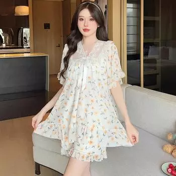 Летняя пижама с принтом и V-образным вырезом, кружевом, милым свободным принтом в стиле принцессы, сетчатым принтом и короткими рукавами, домашняя одежда M