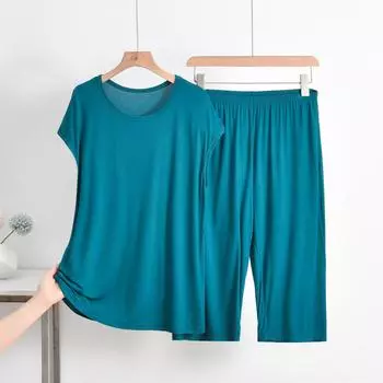 Летняя пижама женская модальная без рукавов тонкая с круглым вырезом пуловер пижамный комплект однотонный свободный домашний комплект XXXXXXL чёрный