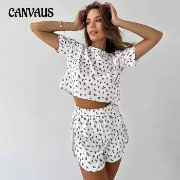 Летняя пижама, женский трикотажный набивной комплект с короткими рукавами и разрезами, повседневная домашняя одежда S белый