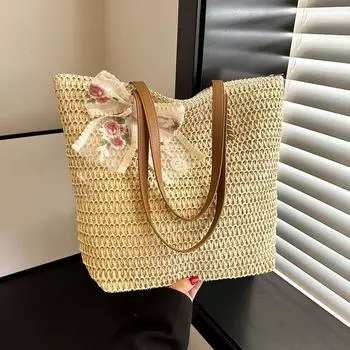 Летняя плетеная сумка через плечо женская пляжная сумка через плечо женская соломенная вязаная сумка ручной работы большой емкости кошелек дорожные сумки-тоут Add Scarf бежевый