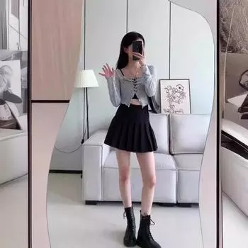 Летняя плиссированная мини-юбка с высокой талией - облегающая, непромокаемая, в студенческом стиле, маленького размера XXL (115-128 lbs) темно серый