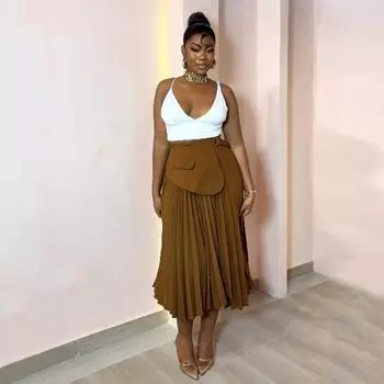 Летняя плиссированная юбка с завышенной талией и нерегулярной завязкой, юбка трапециевидной формы средней длины, полубоди XXL чёрный