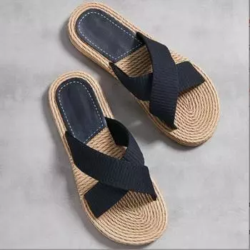 Летняя обувь на плоской подошве, женские шлепанцы с перекрестной завязкой и открытым носком, богемские пляжные тапочки на льняной подошве 35 жёлтый