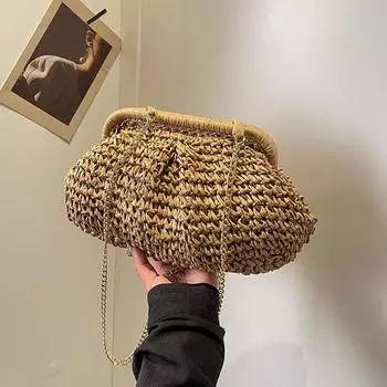 Летняя пляжная мода, женская тканая сумка на клипсе с цепочкой из соломенной ткани, повседневные сумки через плечо 28x8x19cm горячий розовый