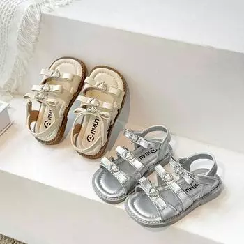 Летняя пляжная обувь для детей. Сандалии Love Princess со стразами и бантом. Модные детские туфли на плоской подошве. Милые мягкие туфли. 23 бежевый