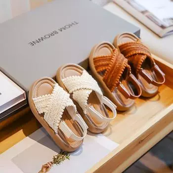 Летняя пляжная обувь для девочек в этническом стиле, детские повседневные сандалии, мягкая подошва, детская обувь принцессы в стиле ретро, лето 22 коричневый