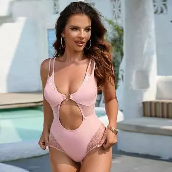 Летняя пляжная одежда, сексуальный купальник, купальник с низким вырезом, простой дизайн с вырезом, бикини с v-образным вырезом, купальник для отдыха S розовый