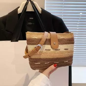 Летняя пляжная плетеная сумка через плечо, соломенная плетеная сумка через плечо, сумка из рафии, дорожная сумка-саквояж из ротанга ручной работы в стиле бохо 19x6x16cm бежевый