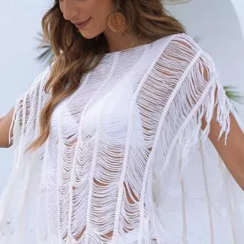 Летняя пляжная пляжная блузка, женская рубашка с кисточками, одна линия шеи, нерегулярное полое тканое платье миндальный