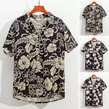 Летняя пляжная рубашка с цветочным принтом контрастного цвета с короткими рукавами, однобортный кардиган, шорты в тон, свободные летние пляжные шорты средней длины, мужская одежда M жёлтый/чёрный