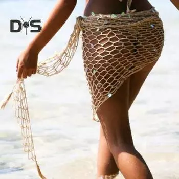 Летняя пляжная шаль, украшенная пайетками и ракушками, ажурная сетчатая шаль для бикини, пуловер, накидка, пляжная одежда, пляжная накидка хаки