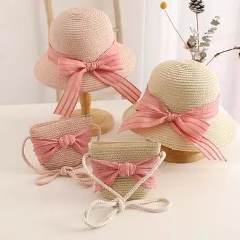 Летняя пляжная шляпа от солнца для девочек, милая соломенная шляпа с бантом и сумка на плечо, комплект из 2 предметов, уличная солнцезащитная шляпа, детские пляжные шляпы Children hat