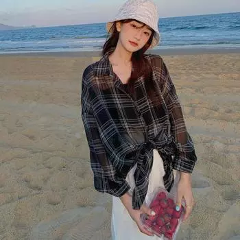 Летняя пляжная тонкая клетчатая рубашка, женская свободная дышащая солнцезащитная блузка, женские шифоновые рубашки с длинным рукавом, женские XXXL розовый