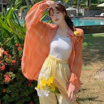 Летняя пляжная тонкая клетчатая рубашка женская свободная дышащая солнцезащитная блузка с длинным рукавом шифоновые рубашки XS белый