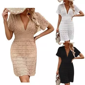 Летняя пляжная юбка с глубоким v-образным вырезом, пляжная юбка с гофрированной полой и эластичной резинкой на талии L чёрный