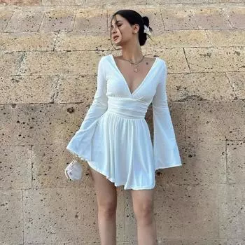 Летняя пляжная вечеринка, отпуск, прикрытие, платье, женское сексуальное мини-платье с глубоким V-образным вырезом и открытой спиной, длинным рукавом, Femme Street Y2k, лоскутные платья с высокой талией, женские платья S чёрный