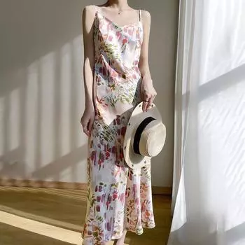 Летняя подкладка в китайском стиле с V-образным вырезом, юбка на подтяжках, плечи с элегантной атласной поверхностью, свободный жаккард для эффекта похудения L розовый