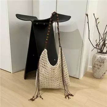 Летняя полая плетеная сумка Женская 2025 Новая Пляжная соломенная сумка для отпуска на море Большой вместимости На плечо Сумка-мессенджер Beige