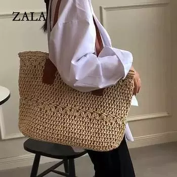 Летняя полая соломенная женская сумка через плечо большой емкости, праздничная тканая пляжная портативная сумка ручной работы 33x1x36cm хаки