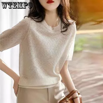 WTEMPO Летняя трикотажная футболка Hollow Ice Silk, белые однотонные тонкие топы, повседневная футболка с коротким рукавом, женская корейская футболка, элегантный топ S белый